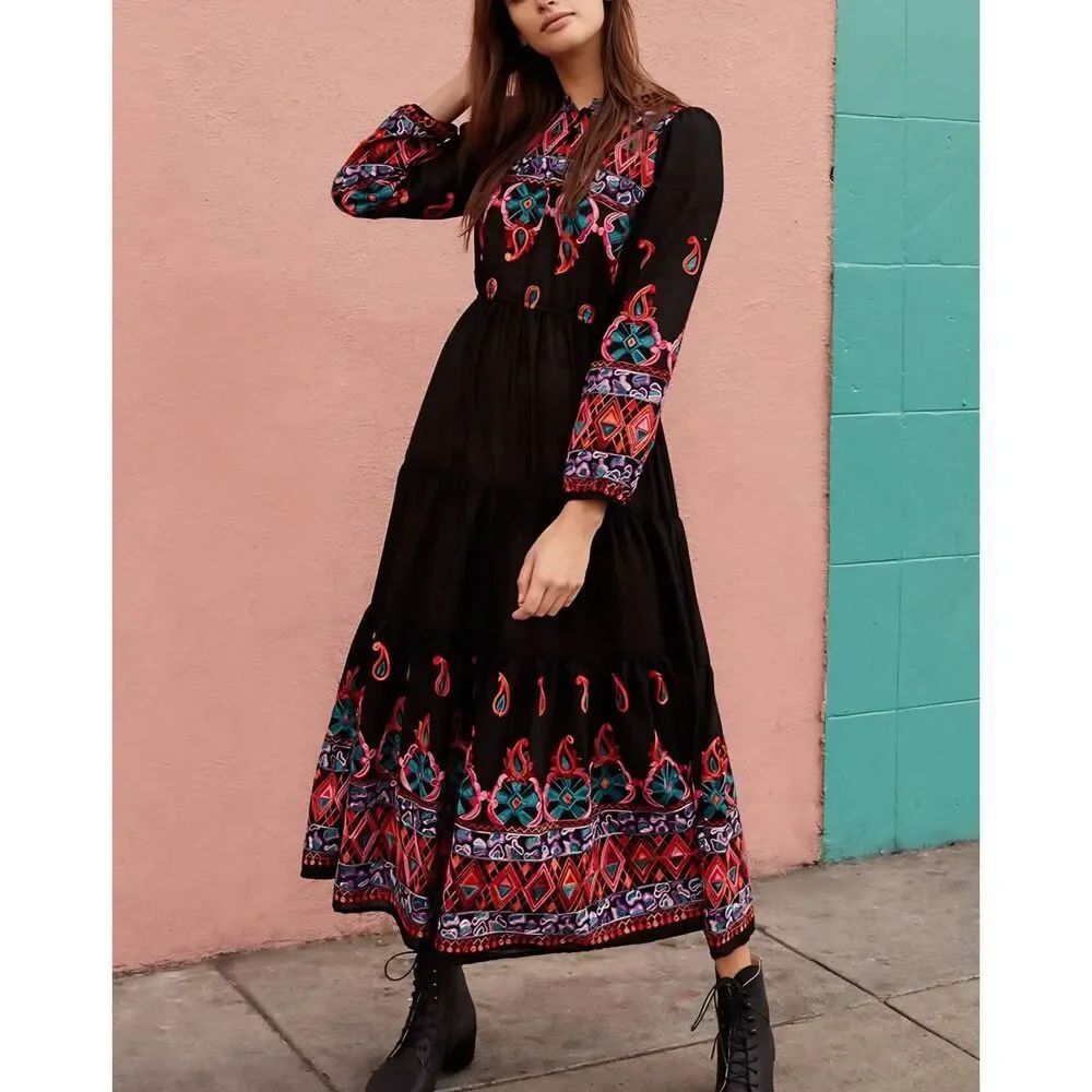 Christy Dawn black embroidered maxi dress sz XS/S